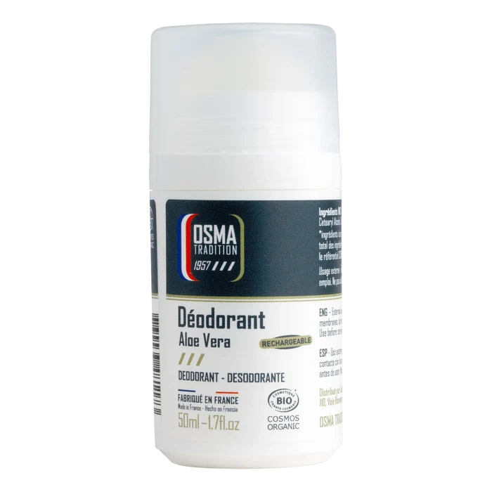 Osma Tradition roll-on deodorant med aloe vera og kaliumalun, 50ml i hvit flaske med grønn etikett