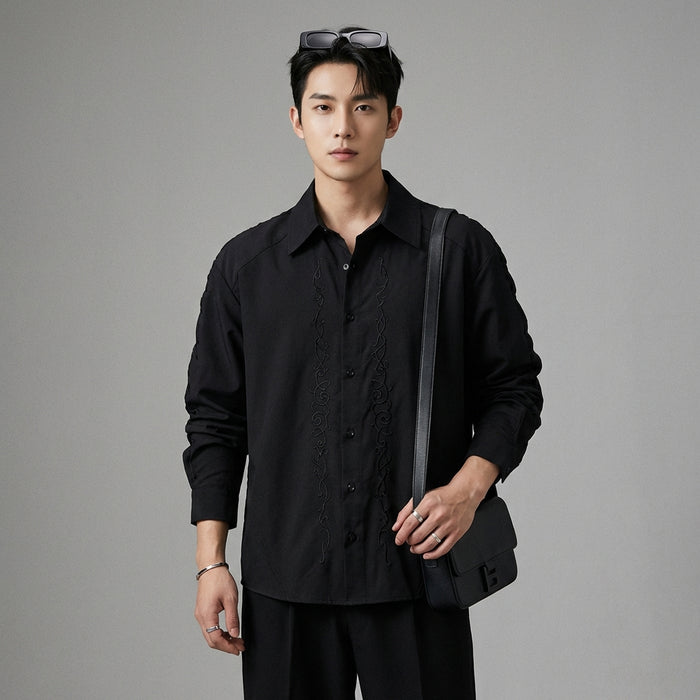 Chemise oversize noire brodée végétale, mode coréenne décontractée - Taille S