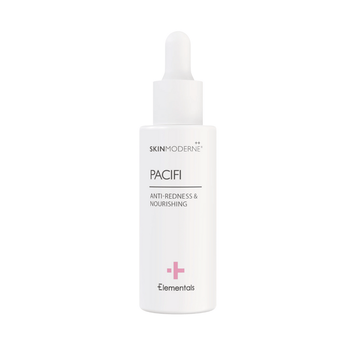 Pacifi | Skin Moderne nourishing skincare serum bottle with dropper, designed to reduce redness and promote healthy skin, minimalist white packaging.