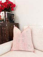 Artisanal Handmade Moroccan embroidered cactus silk sabra pillow light pink handwoven