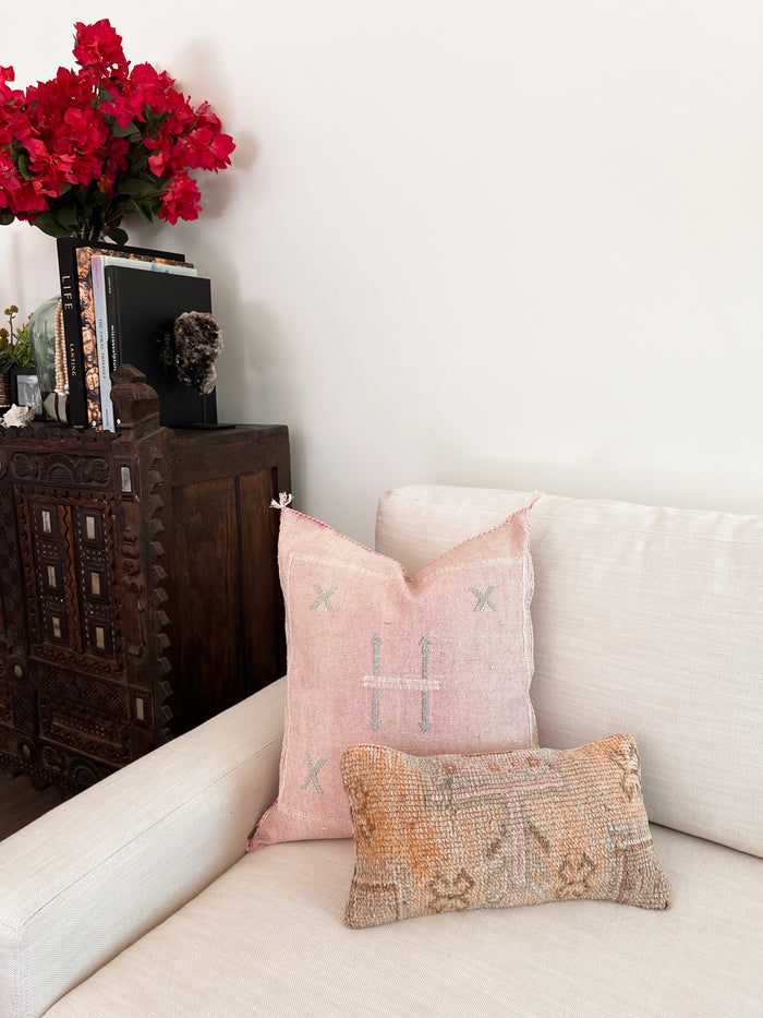 Artisanal Handmade Moroccan embroidered cactus silk sabra pillow light pink handwoven