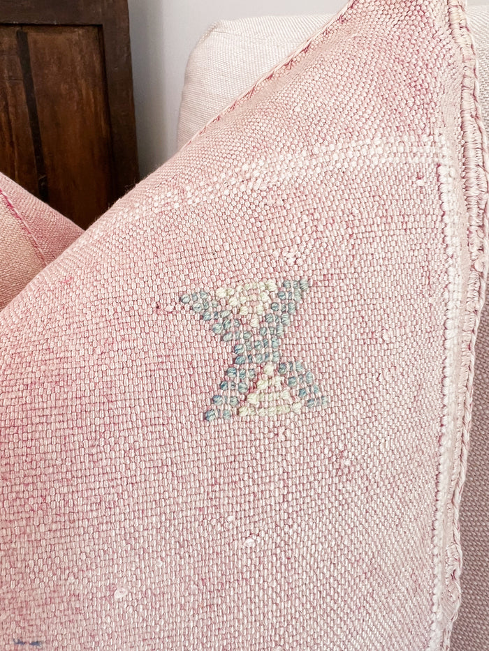 Artisanal Handmade Moroccan embroidered cactus silk sabra pillow light pink handwoven