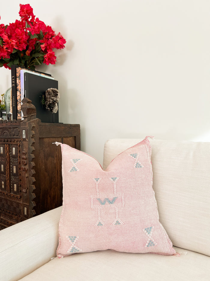 Artisanal Handmade Moroccan embroidered cactus silk sabra pillow pink handwoven