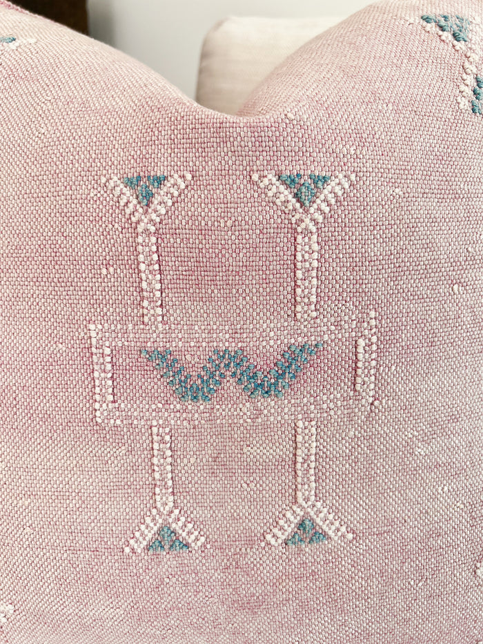 Artisanal Handmade Moroccan embroidered cactus silk sabra pillow pink handwoven