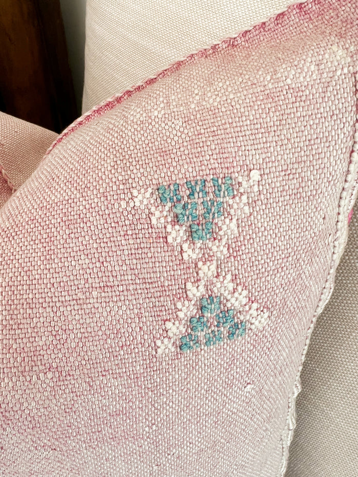 Artisanal Handmade Moroccan embroidered cactus silk sabra pillow pink handwoven