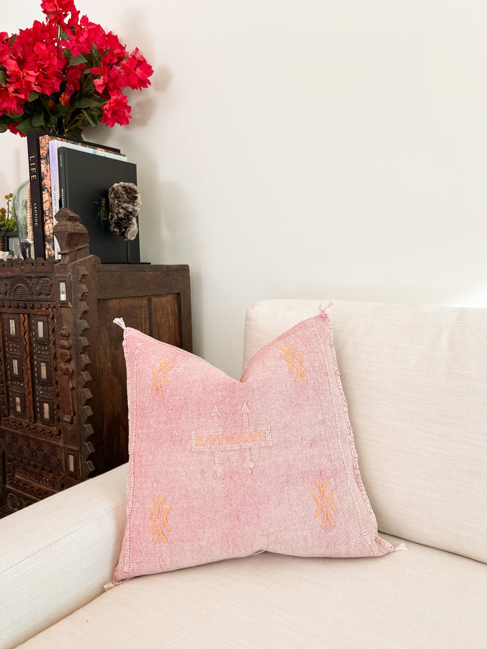 Artisanal Handmade Moroccan embroidered cactus silk sabra pillow pink handwoven