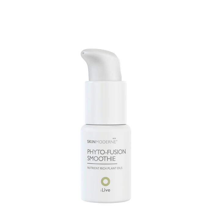 White pump bottle of Phyto Fusion Smoothie | Skin Moderne by Live Love Spa, a nutrient-rich plant oil skincare product designed for wellness and skin care.