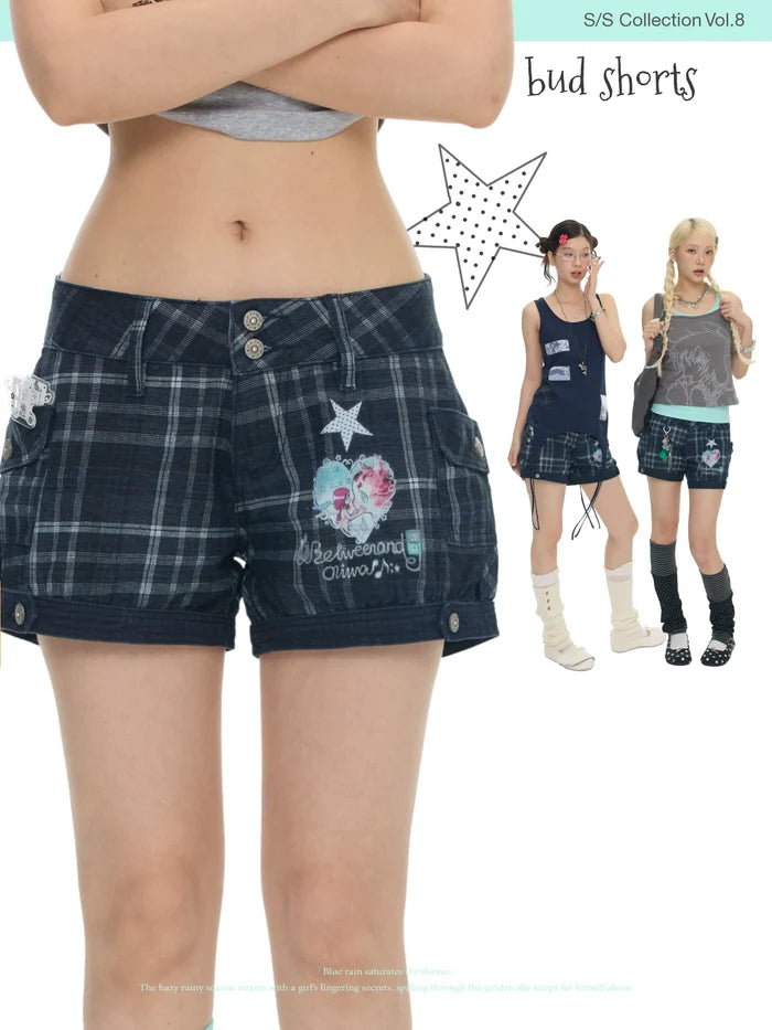 Plaid ancient denim flower bud shorts
