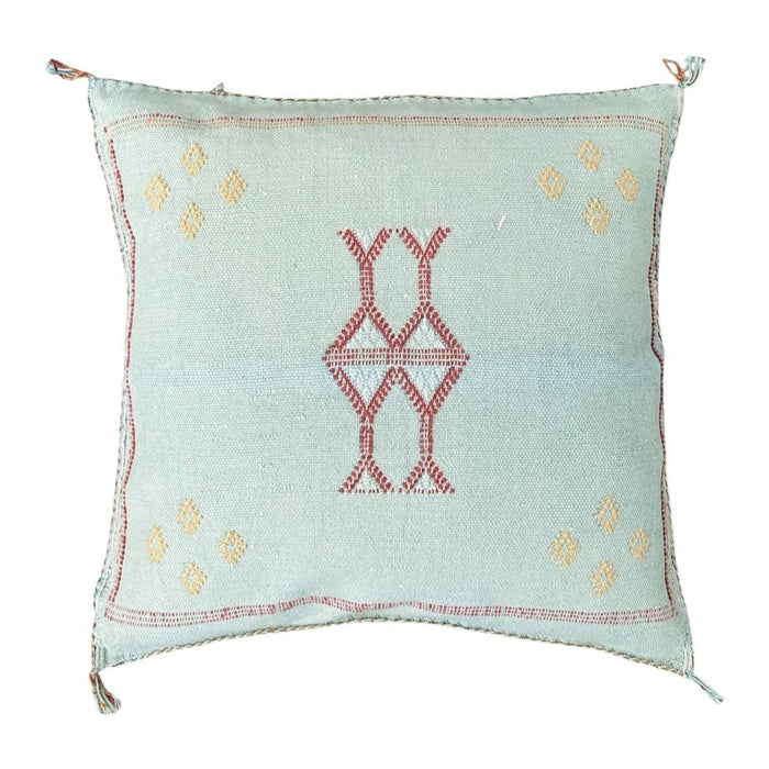 Artisanal Handmade Moroccan embroidered cactus silk sabra lumbar pillow blue turquoise aqua handwoven boho eclectic decor