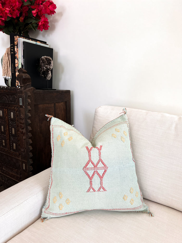 Artisanal Handmade Moroccan embroidered cactus silk sabra lumbar pillow blue turquoise aqua handwoven boho eclectic decor