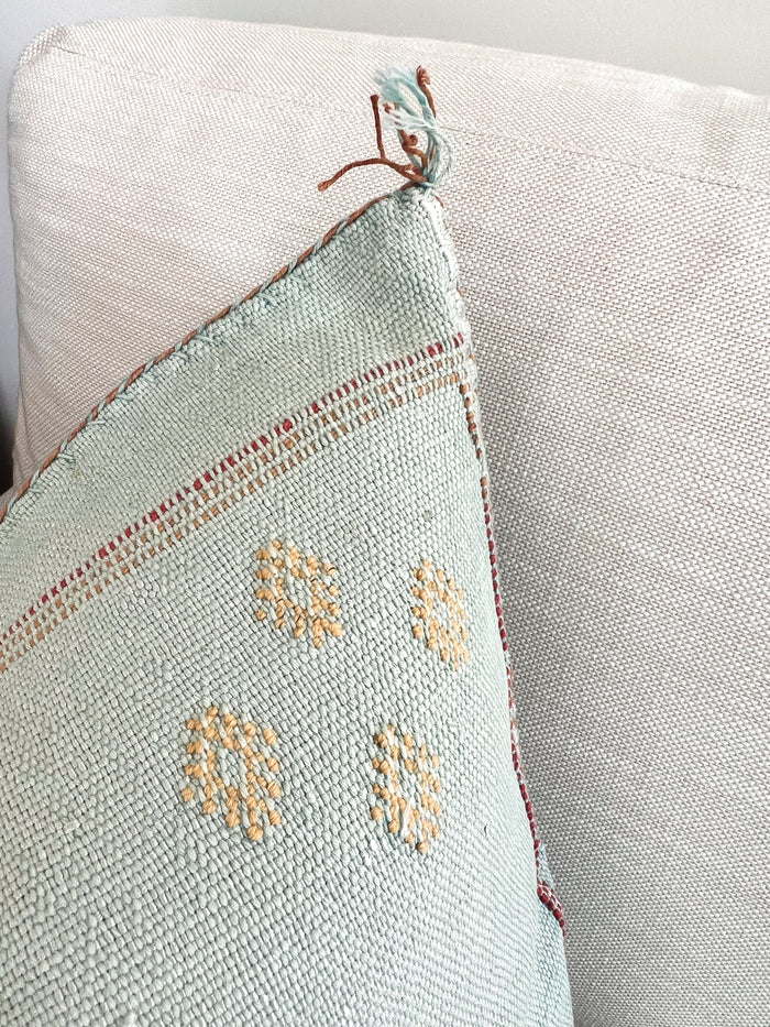 Artisanal Handmade Moroccan embroidered cactus silk sabra lumbar pillow blue turquoise aqua handwoven boho eclectic decor