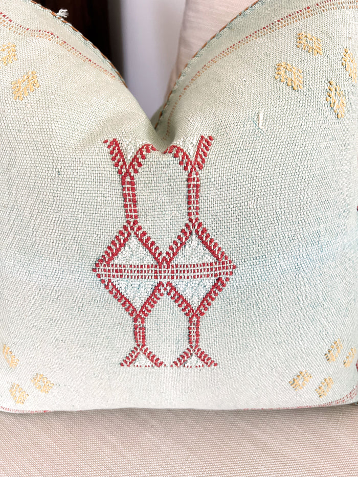 Artisanal Handmade Moroccan embroidered cactus silk sabra lumbar pillow blue turquoise aqua handwoven boho eclectic decor