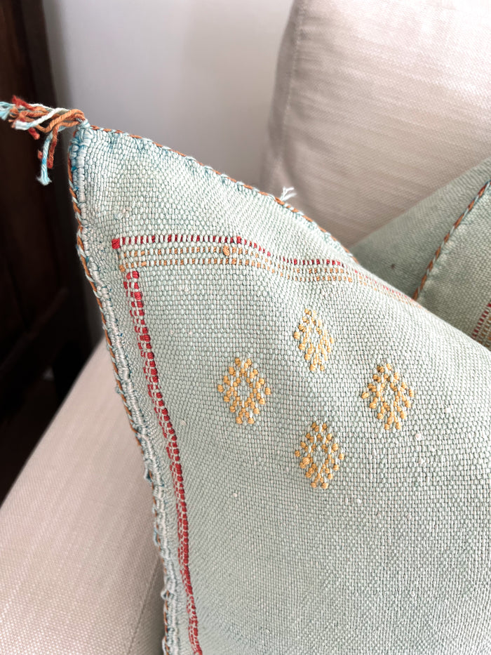 Artisanal Handmade Moroccan embroidered cactus silk sabra lumbar pillow blue turquoise aqua handwoven boho eclectic decor