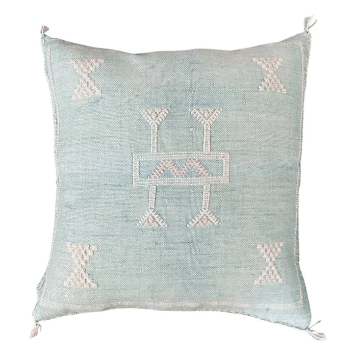 Artisanal Handmade Moroccan embroidered cactus silk sabra pillow handwoven blue turquoise aqua