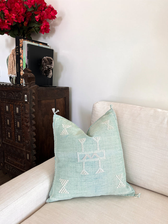 Artisanal Handmade Moroccan embroidered cactus silk sabra pillow handwoven blue turquoise aqua