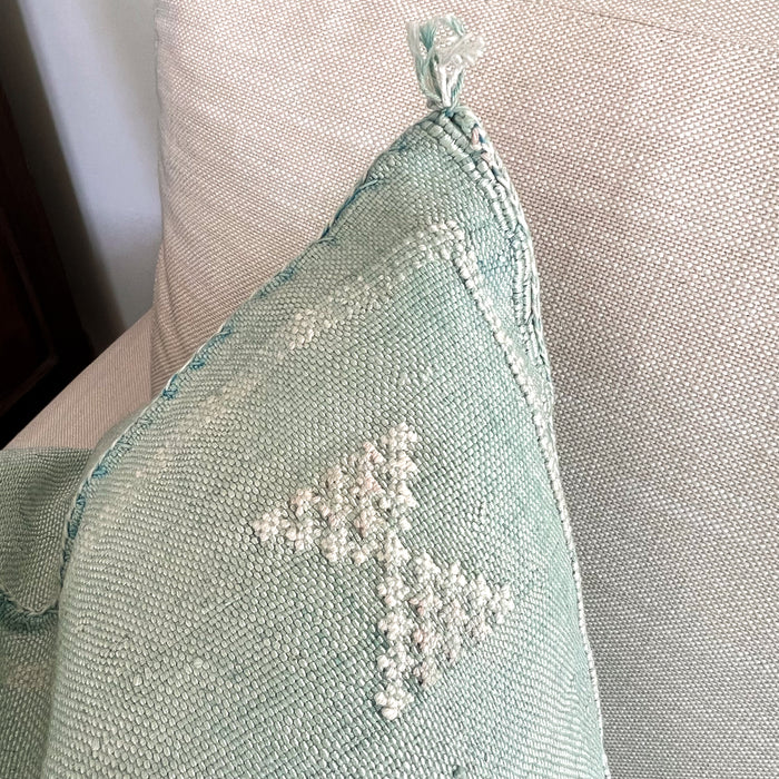 Artisanal Handmade Moroccan embroidered cactus silk sabra pillow handwoven blue turquoise aqua