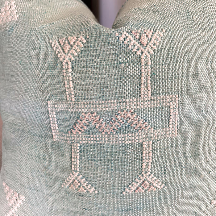 Artisanal Handmade Moroccan embroidered cactus silk sabra pillow handwoven blue turquoise aqua