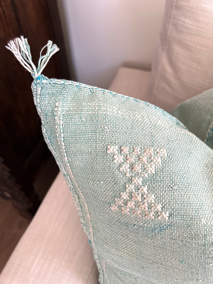 Artisanal Handmade Moroccan embroidered cactus silk sabra pillow handwoven blue turquoise aqua