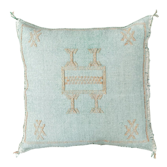 Artisanal Handmade Moroccan embroidered cactus silk sabra pillow handwoven blue turquoise aqua