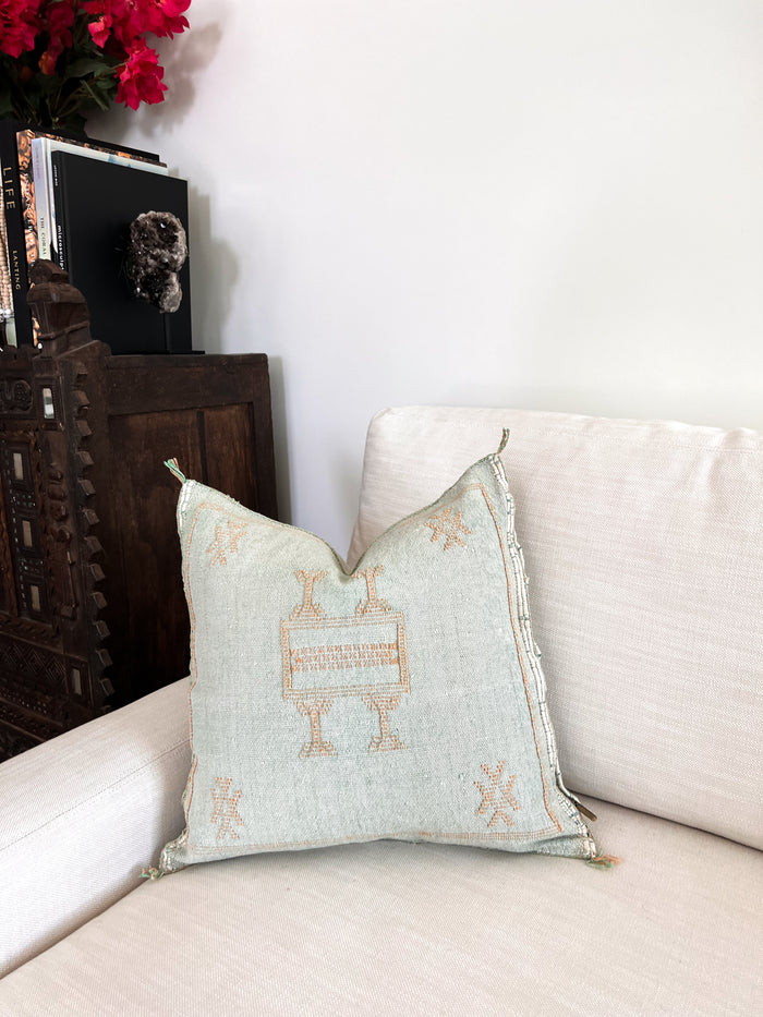 Artisanal Handmade Moroccan embroidered cactus silk sabra pillow handwoven blue turquoise aqua
