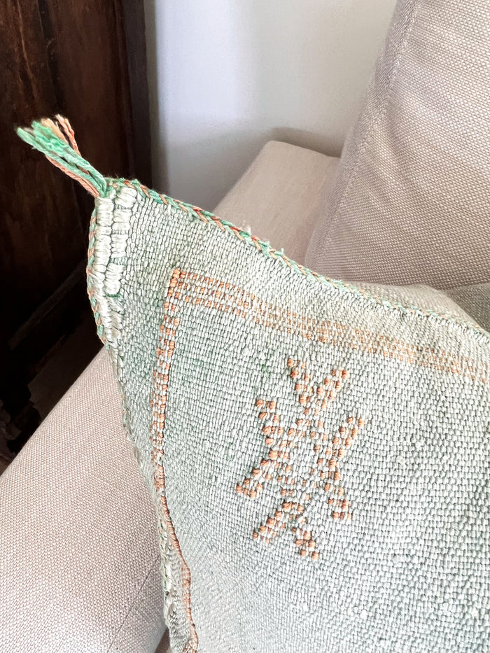 Artisanal Handmade Moroccan embroidered cactus silk sabra pillow handwoven blue turquoise aqua