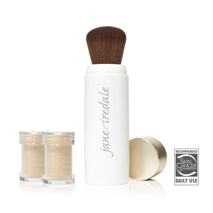 Powder-Me SPF Sunscreen SPF 30 | Jane Iredale with brush applicator and loose powder containers, recommended for daily skincare and sun protection by the Skin Cancer Foundation.