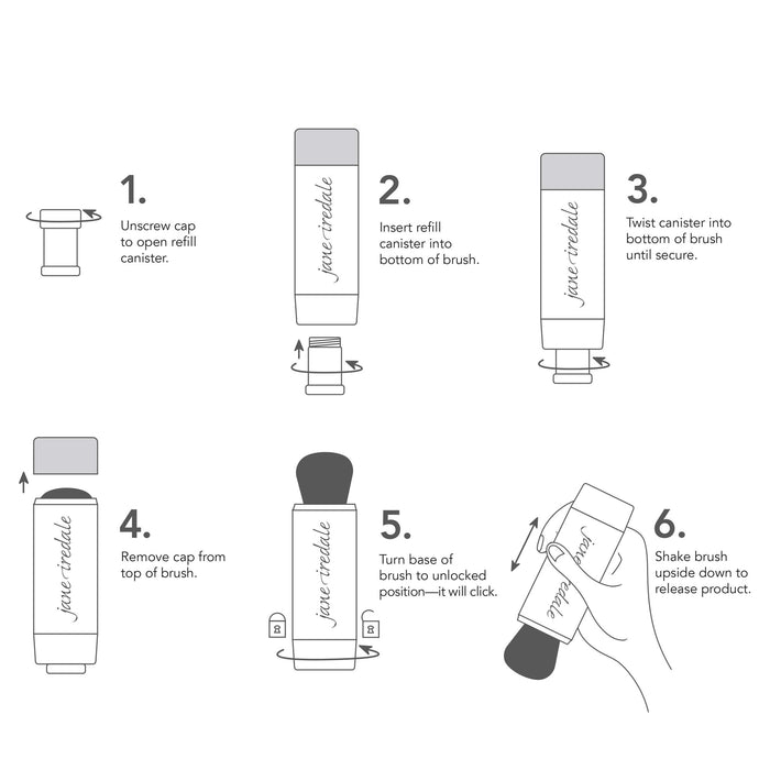 Step-by-step illustrated instructions to refill and use the Powder-Me SPF Sunscreen SPF 30 | Jane Iredale brush, showing unscrewing the refill canister, inserting it, twisting to secure, removing the cap, unlocking the brush base, and shaking to release product.