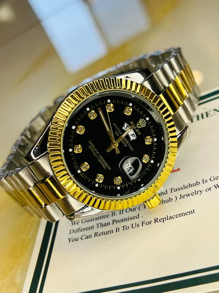 Premium Day Date Two Tone Black Dial Watch