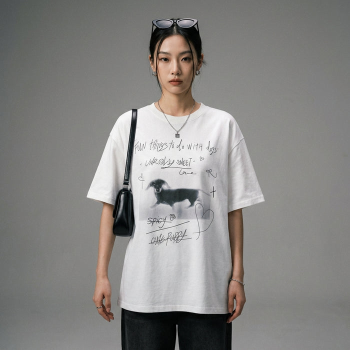 T-shirt oversize blanc avec imprimé, style streetwear K-fashion décontracté. Idéal pour l'été. - Taille S