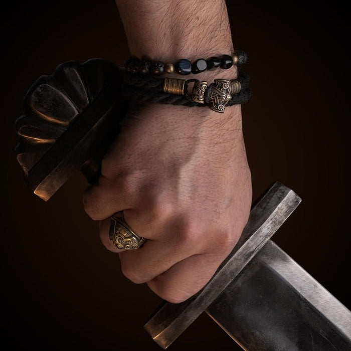 vkngjewelry Bracelet Bronze Raven Mjolnir Lavastone Bracelet