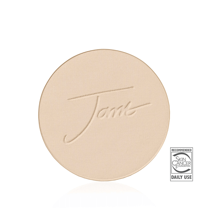 Refill pan of Purepressed Base Mineral Foundation SPF 15 & 20 Refill | Jane Iredale in a neutral beige shade, featuring skin cancer foundation daily use recommendation.