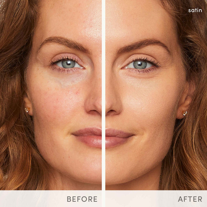 Close-up comparison of a woman’s face before and after applying Purepressed Base Mineral Foundation SPF 15 & 20 Refill | Jane Iredale, showing smoother, even satin finish and reduced redness on the skin.