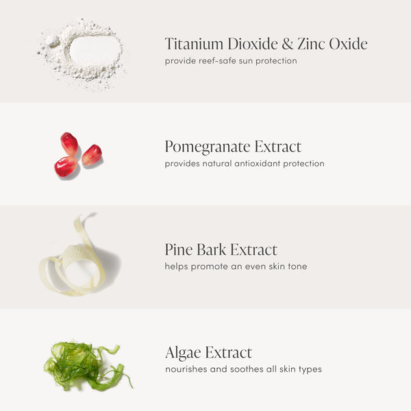 Ingredients featured for Purepressed Base Mineral Foundation SPF 15 & 20 Refill | Jane Iredale including titanium dioxide and zinc oxide for sun protection, pomegranate extract for antioxidants, pine bark extract for even skin tone, and algae extract to nourish and soothe skin.