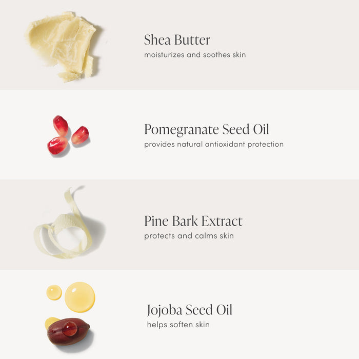 Ingredients infographic for Purepressed Blush | Jane Iredale showing shea butter, pomegranate seed oil, pine bark extract, and jojoba seed oil with descriptions of their skin benefits.