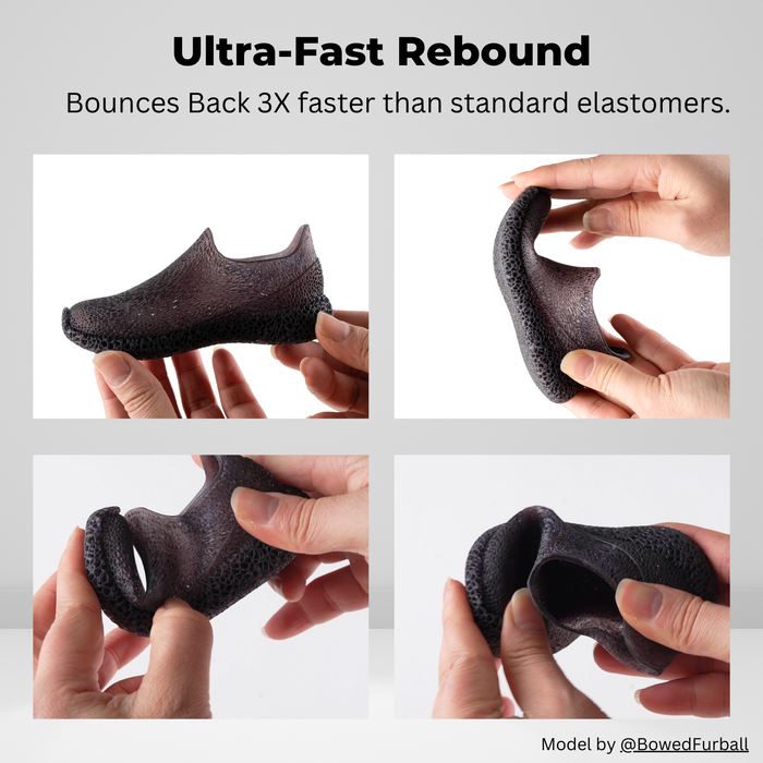 elastic resin 3D printed shoe sole flexed in four hands showing ultra-fast rebound