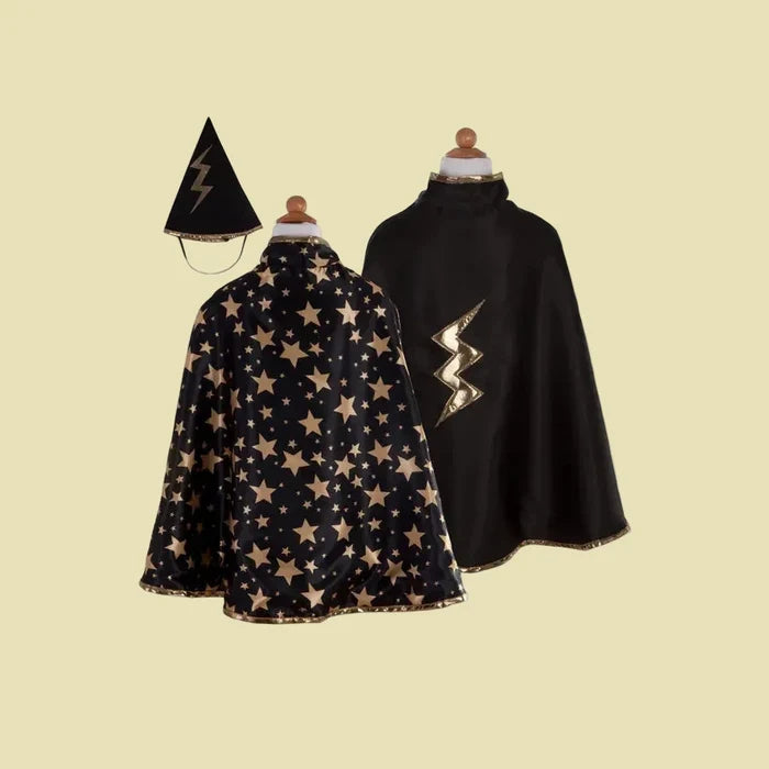 Black star-patterned cape and black cape with lightning bolt design on a white background