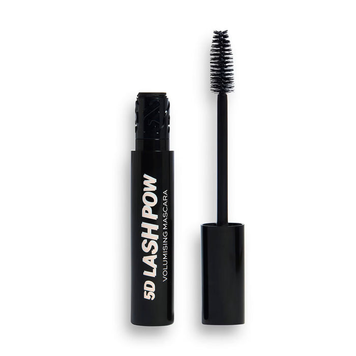 REVOLUTION 5D Lash Pow Extreme Volume Mascara in Super Black, 12.2ml, showing the mascara wand and brush with volumized lashes.