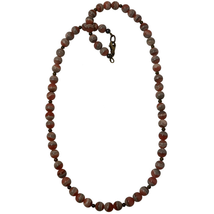 pink round rhodochrosite beaded necklace with antique brass