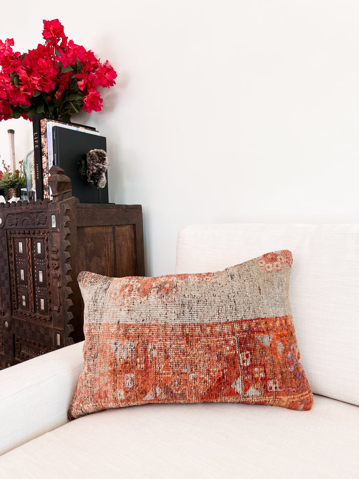 Handmade Turkish oushak pillow cover made with vintage rugs 16x24 red and blue