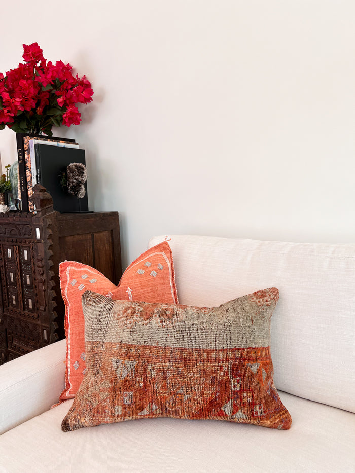 Handmade Turkish oushak pillow cover made with vintage rugs 16x24 red and blue
