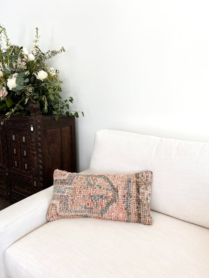 Handmade traditional Turkish oushak pillow cover made with vintage rugs 12x24 pastel