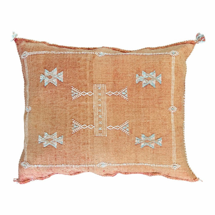 Artisan Handmade Moroccan embroidered cactus silk sabra lumbar pillow rust orange handwoven