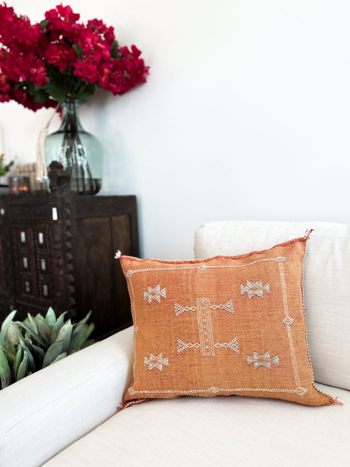 Artisan Handmade Moroccan embroidered cactus silk sabra lumbar pillow rust orange handwoven