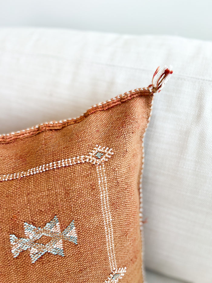 Artisan Handmade Moroccan embroidered cactus silk sabra lumbar pillow rust orange handwoven