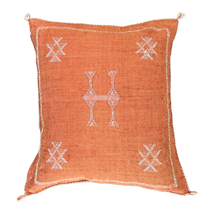 Artisanal Handmade Moroccan embroidered cactus silk sabra pillow rust orange handwoven