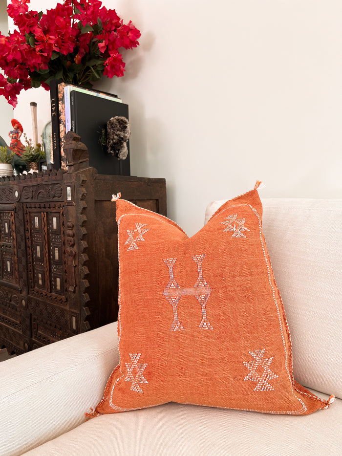 Artisanal Handmade Moroccan embroidered cactus silk sabra pillow rust orange handwoven