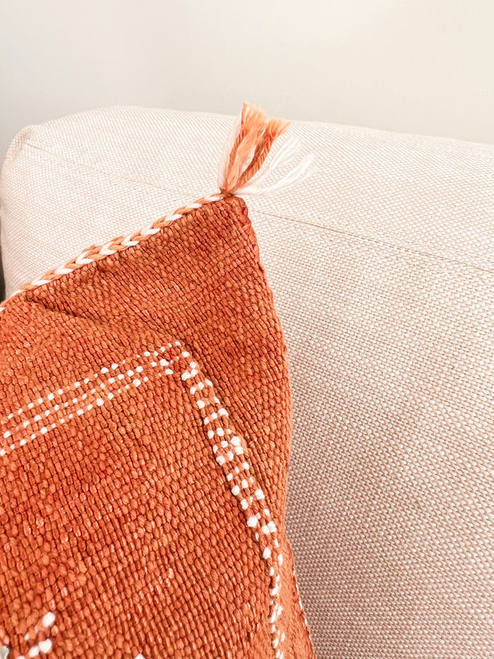 Artisanal Handmade Moroccan embroidered cactus silk sabra pillow rust orange handwoven
