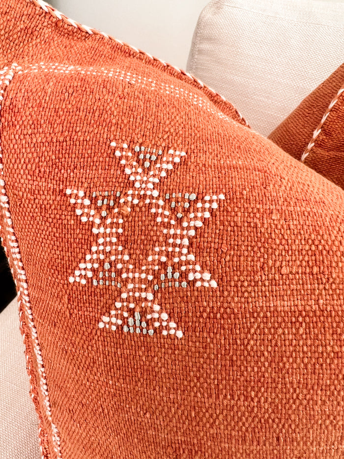 Artisanal Handmade Moroccan embroidered cactus silk sabra pillow rust orange handwoven