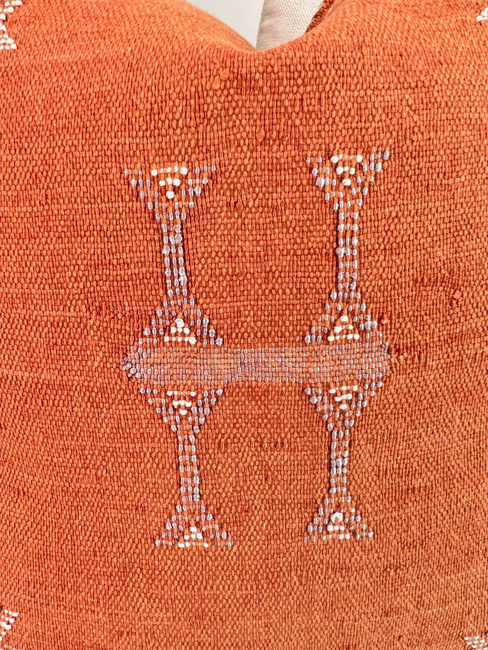 Artisanal Handmade Moroccan embroidered cactus silk sabra pillow rust orange handwoven