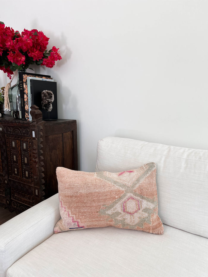 Handmade traditional Turkish oushak pillow cover made with vintage rugs 16x24 coral blush